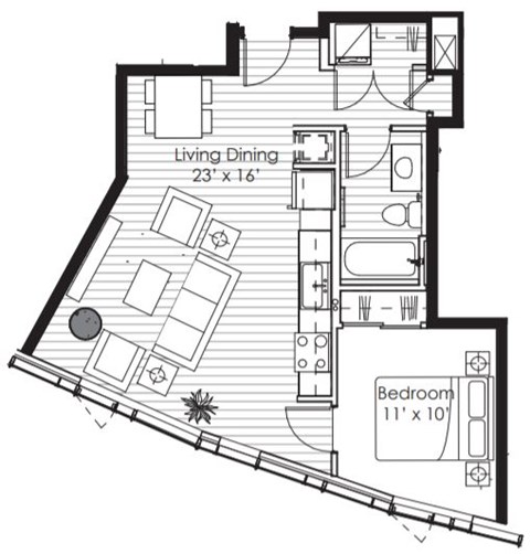Floor plan for 1 bed, 1 bath, 657 sqft